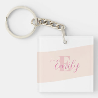 Porte-clefs Monogramme de nom minimaliste rétro rose rose