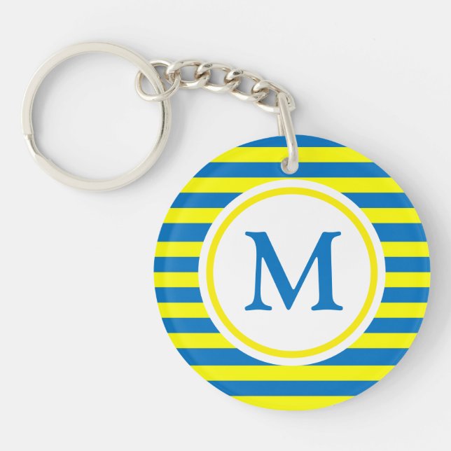 Porte-clefs Monogramme de rayures jaune et bleu vif (Devant)