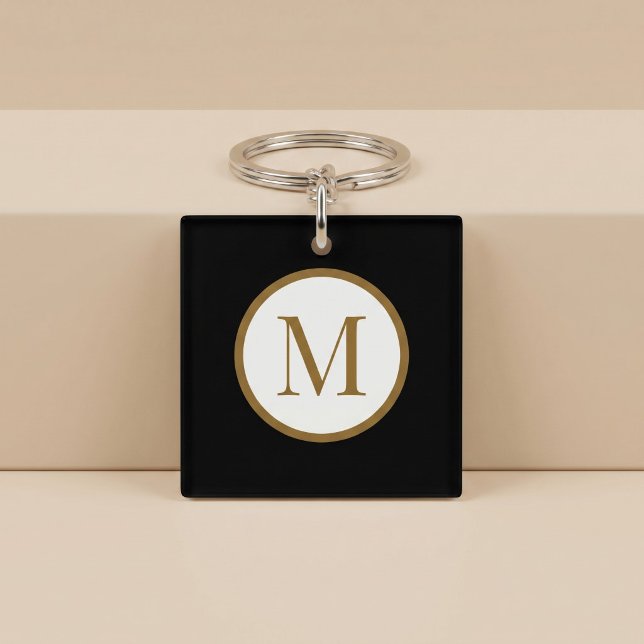 Porte-clefs Monogramme de sceau central personnalisé noir et o (Créateur téléchargé)
