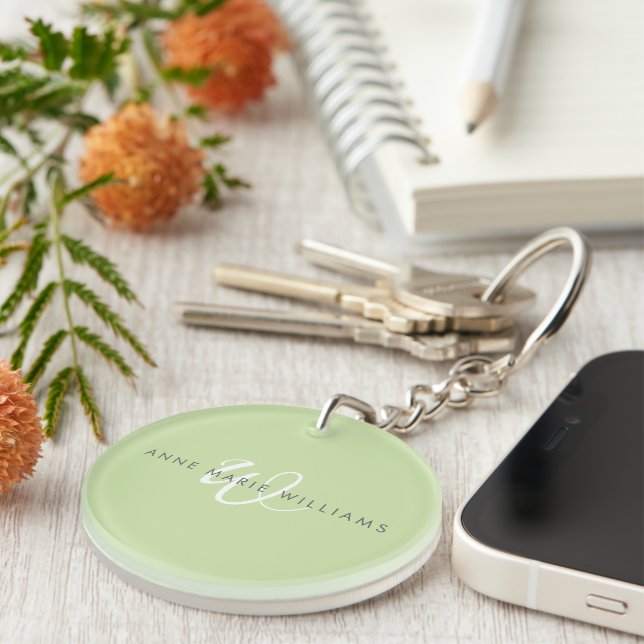 Porte-clefs Monogramme de script blanc vert clair moderne (Devant droit)