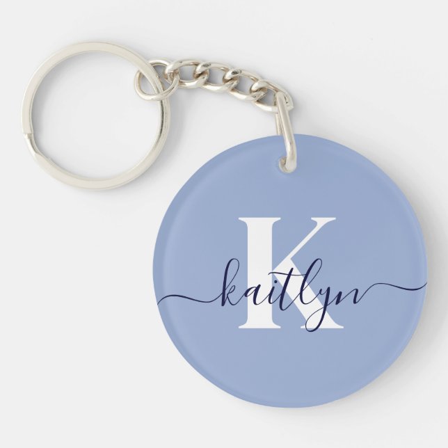 Porte-clefs Monogramme de script bleu moderne (Devant)