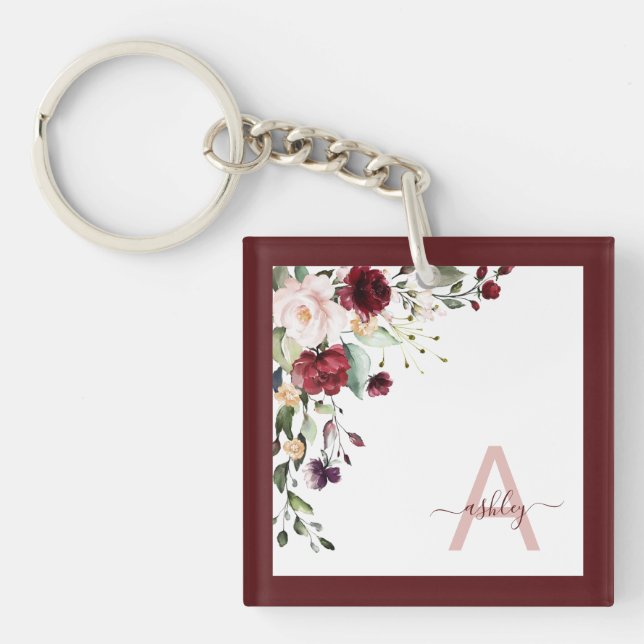 Porte-clefs Monogramme de script floral Bourgogne Nom initial (Devant)
