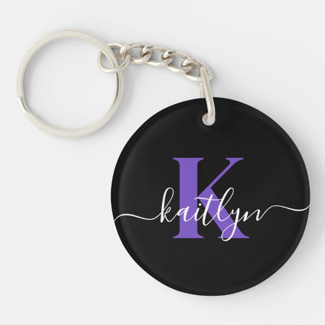 Porte-clefs Monogramme de script moderne violet noir (Devant)