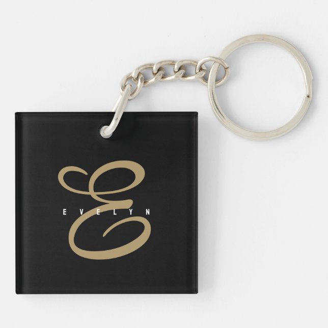 Porte-clefs Monogramme de script noir et or chic (Dos)