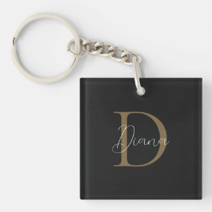 Porte-clefs Monogramme de script or Mossy Noir Simple Minuit