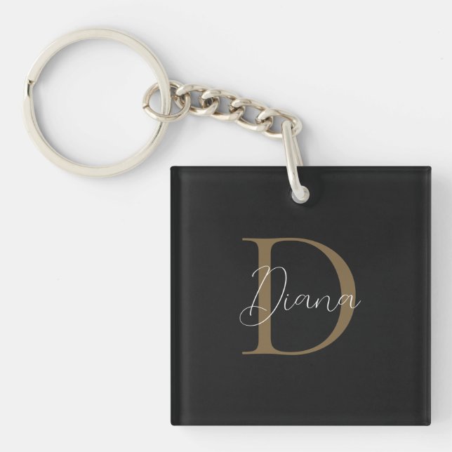 Porte-clefs Monogramme de script or Mossy Noir Simple Minuit (Devant)