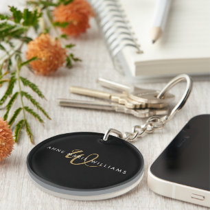 Porte-clefs Monogramme de script or noir moderne