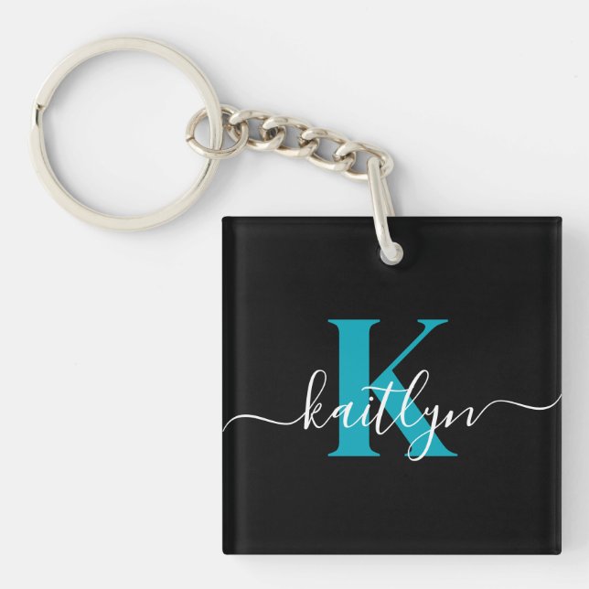 Porte-clefs Monogramme de script sarcelle noir moderne (Devant)