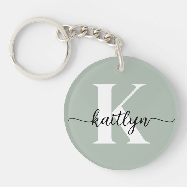 Porte-clefs Monogramme de script vert Sage (Devant)