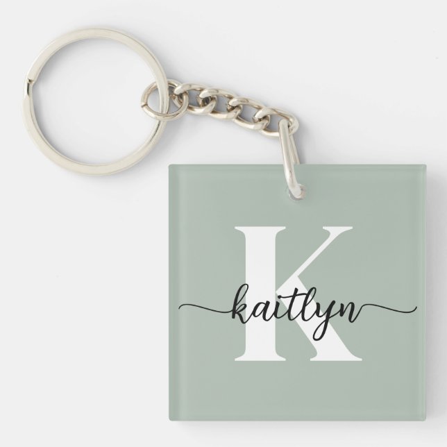 Porte-clefs Monogramme de script vert Sage (Devant)