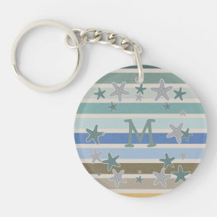 Porte-clefs Monogramme de stries de plage et d'étoiles de mer