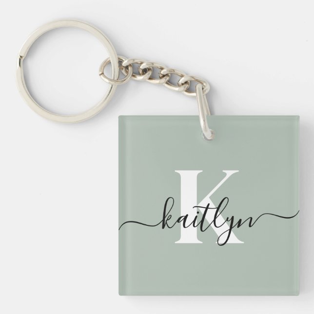 Porte-clefs Monogramme de style moderne vert sauge (Devant)