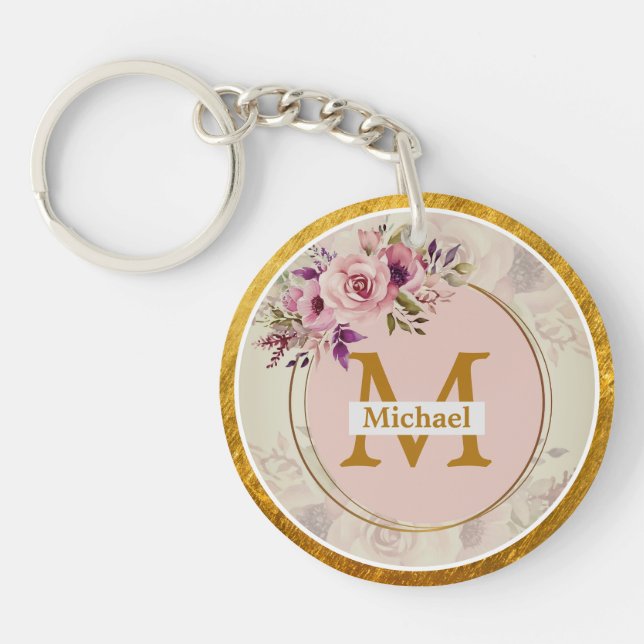 Porte-clefs Monogramme doré floral élégant | Nom & Initiale (Devant)
