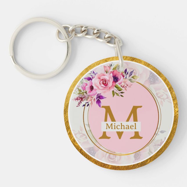Porte-clefs Monogramme doré floral élégant | Nom & Initiale (Devant)