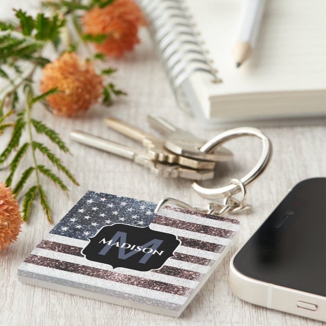 Porte-clefs Monogramme drapeau américain Rustique Rouge Blanc  (Devant Droit)