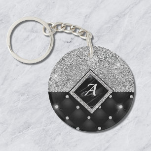 Porte-clefs Monogramme élégant en faux cristal argenté et diam