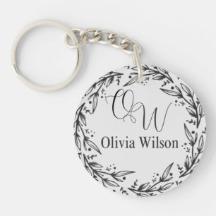 Porte-clefs Monogramme Élégant Noir et Blanc Nom Couronne de L