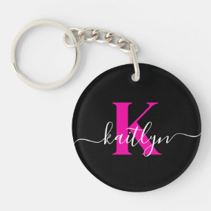 Porte-clefs Monogramme élégant noir rose vif écriture