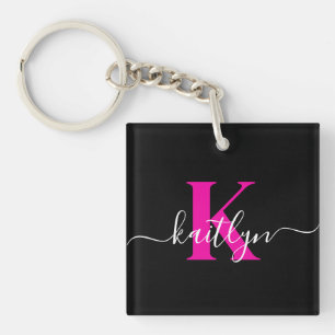 Porte-clefs Monogramme élégant noir rose vif écriture