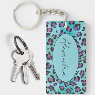 Porte-clefs Monogramme Empreinte de léopard bleu chic et viole