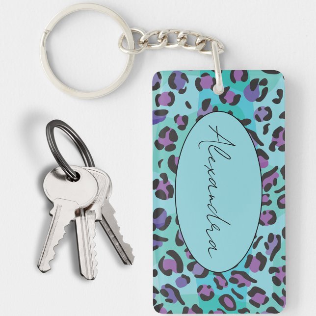 Porte-clefs Monogramme Empreinte de léopard bleu chic et viole (Créateur téléchargé)