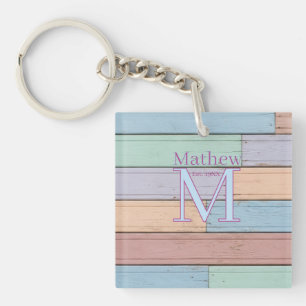 Porte-clefs monogramme en bois coloré pastel rustique année d'