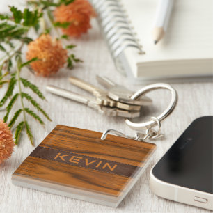 Porte-clefs Monogramme En Bois D'Acajou Et Texture En Cuir