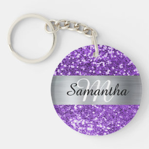 Porte-clefs Monogramme en feuille d'argent pailleté violet éti