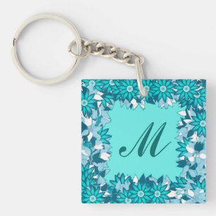 Porte-clefs Monogramme encadré de fleurs - bleu et blanc