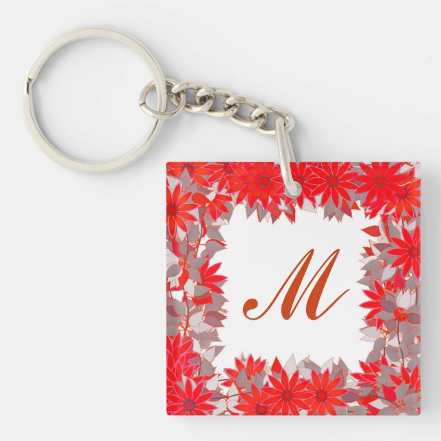 Porte-clefs Monogramme encadré de fleurs - rouge et gris (Devant)