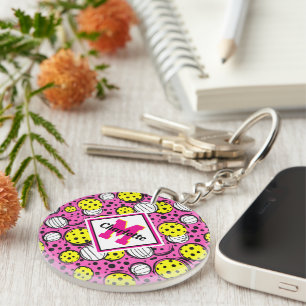 Porte-clefs Monogramme et nom boulettes jaunes sur rose