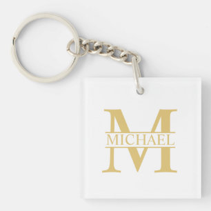 Porte-clefs Monogramme et nom personnalisé blanc et or