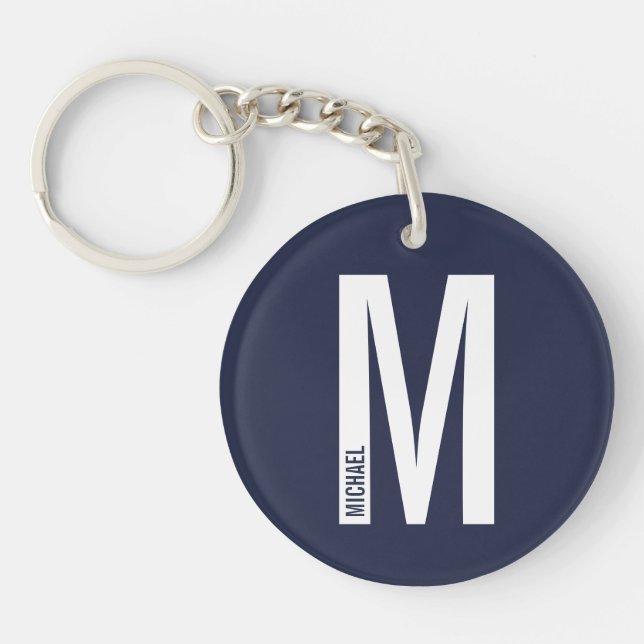Porte-clefs Monogramme et nom personnalisés bleu marine (Devant)