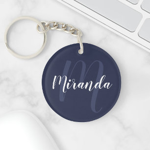 Porte-clefs Monogramme et nom personnalisés de Navy Blue Scrip