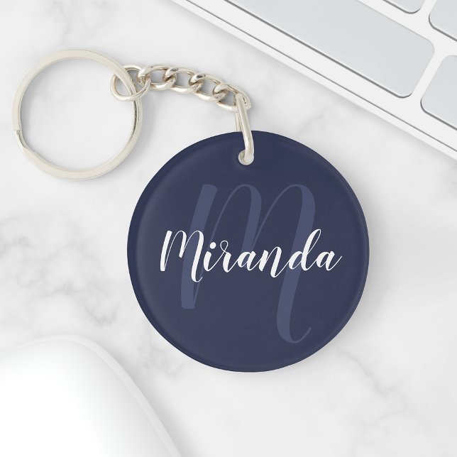 Porte-clefs Monogramme et nom personnalisés de Navy Blue Scrip (Créateur téléchargé)