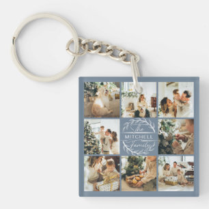 Porte-clefs Monogramme Famille Photo Collage Cute Dusty Blue
