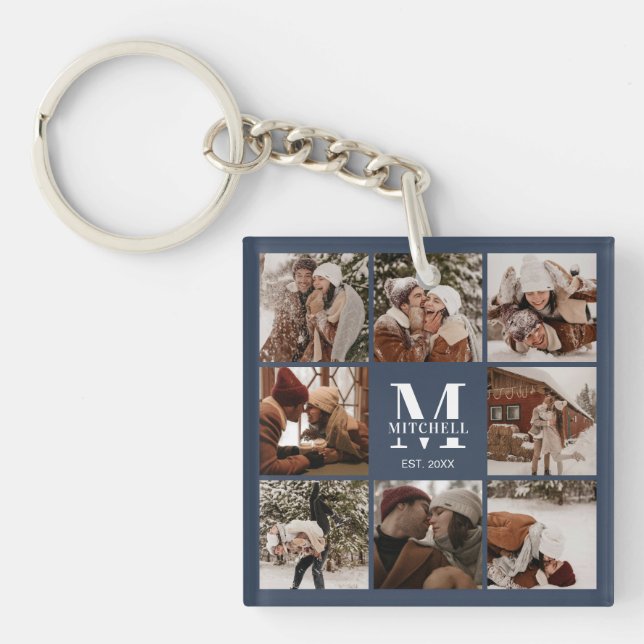 Porte-clefs Monogramme Famille Photo Collage Moderne Marine bl (Devant)