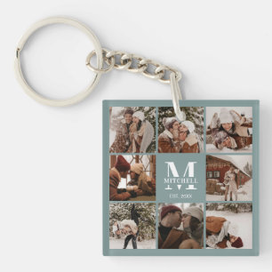 Porte-clefs Monogramme Famille Photo Collage Moderne Sage Vert
