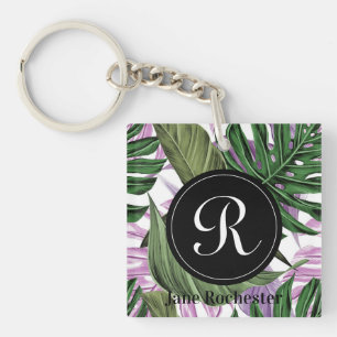 Porte-clefs Monogramme Feuille violet vert d'été tropical