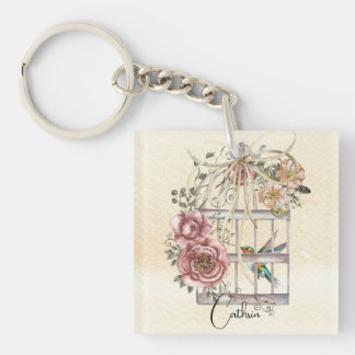 Porte-clefs Monogramme fleurs d'aquarelle naturelle et cage d'