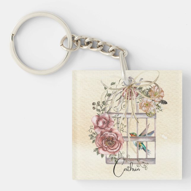 Porte-clefs Monogramme fleurs d'aquarelle naturelle et cage d' (Devant)