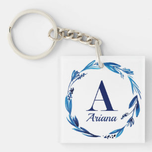 Porte-clefs Monogramme floral bleu 'A'