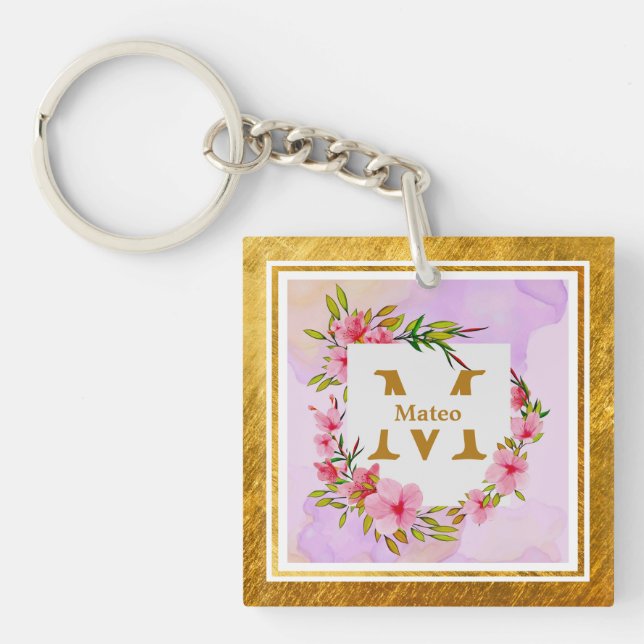 Porte-clefs Monogramme floral élégant I Nom & Initiale (Devant)