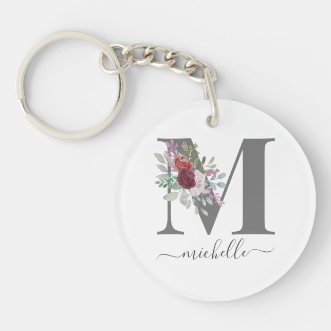 Porte-clefs Monogramme Floral Initial Nom Moderne (Devant)