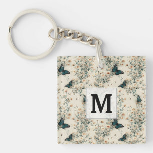 Porte-clefs Monogramme Floral Papillon Bleu Vintage