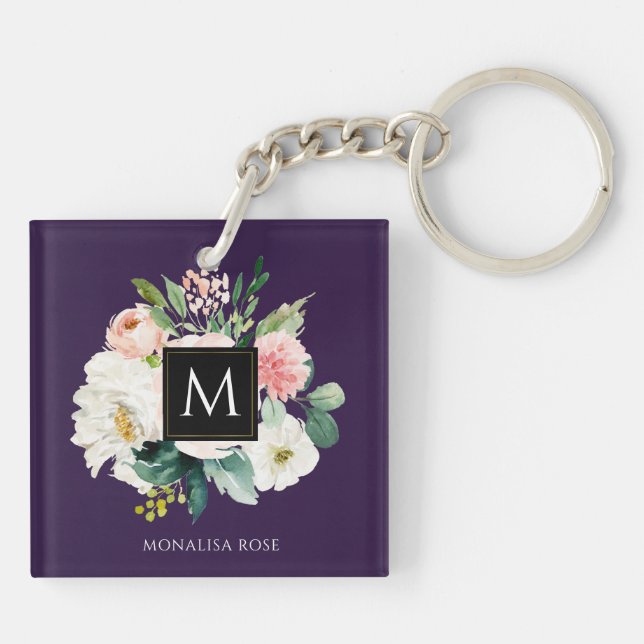 Porte-clefs monogramme floral violet  (Dos)