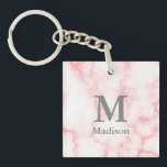 Porte-clefs Monogramme gris personnalisé et nom sur apparence<br><div class="desc">Ajoutez votre nom et votre monogramme en texte gris sur un arrière - plan en marbre faux rose.</div>