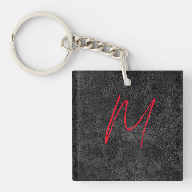 Porte-clefs monogramme gris unique nom rouge calligraphie init (Devant)