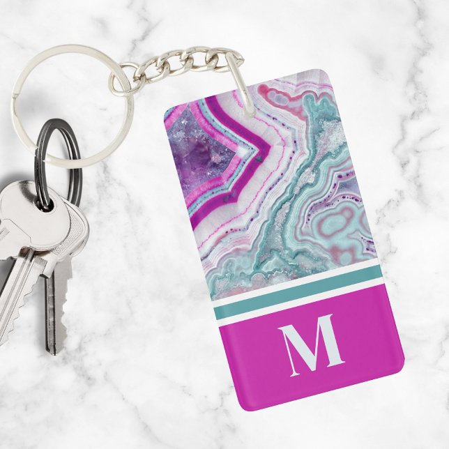 Porte-clefs Monogramme Initial Agate Élégant Tendance Luxueux (Stylish Teal Magenta Pink Agate Stone Monogram Keychain)