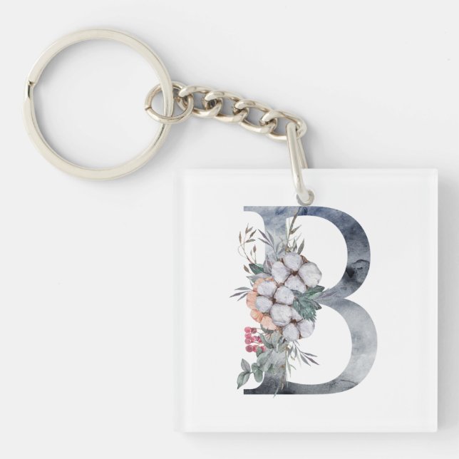 Porte-clefs Monogramme Initial B Floral Bleu (Devant)